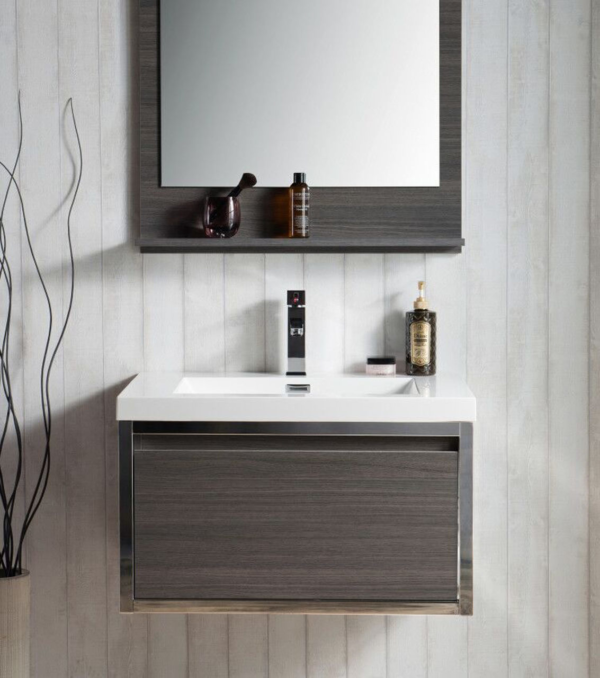 KEETCHEN SEATTLE 30" Grey Oak Wall Hung Modern Bathroom Vanity with Chrome Stainless Steel Frame