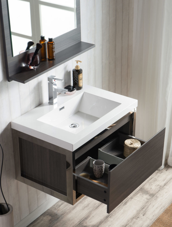 KEETCHEN SEATTLE 30" Grey Oak Wall Hung Modern Bathroom Vanity with Chrome Stainless Steel Frame - Image 2