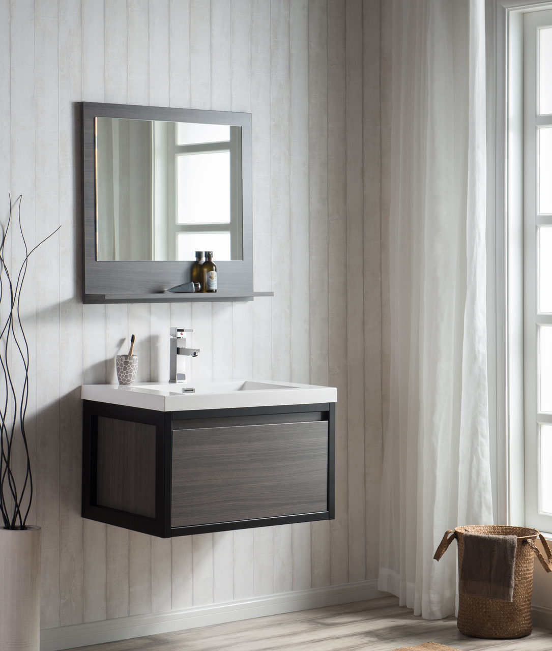 Grey Oak Wall Hung Modern Bathroom, Bathroom Vanity Cabinets Seattle
