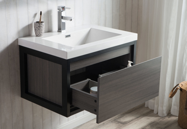 KEETCHEN SEATTLE 30" Grey Oak Wall Hung Modern Bathroom Vanity with Matte Black Stainless Steel Frame - Image 2