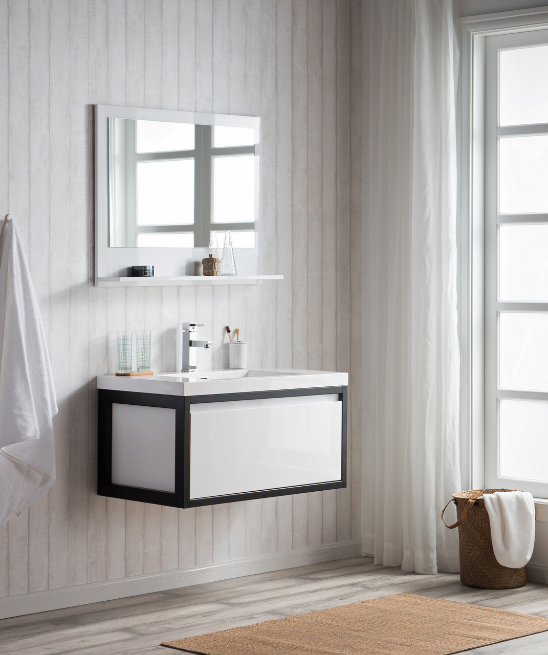 36″ Glossy White Wall Hung Modern Bathroom Vanity with ...