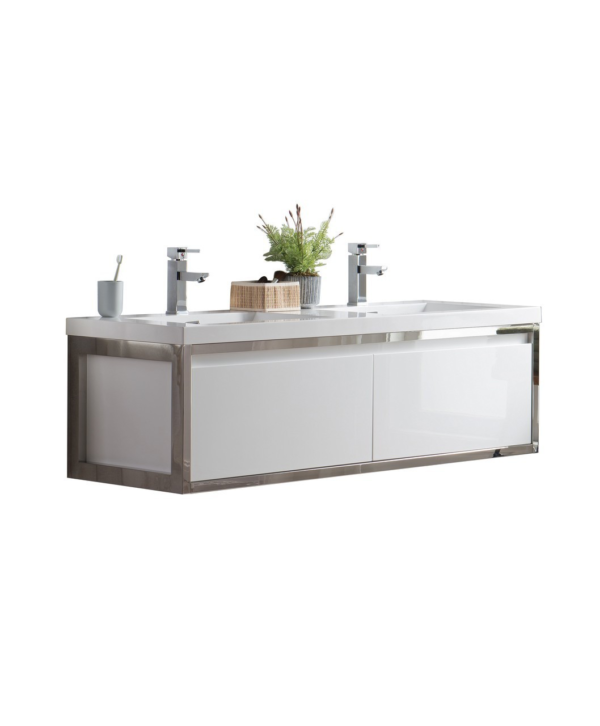 KEETCHEN SEATTLE 60" Glossy White Wall Hung Modern Bathroom Vanity with Chrome Stainless Steel Frame