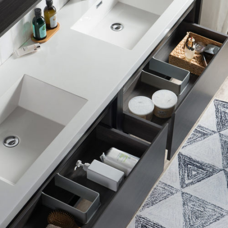 KEETCHEN SEATTLE 72" Grey Oak Wall Hung Modern Bathroom Vanity with Matte Black Stainless Steel Frame - Image 4