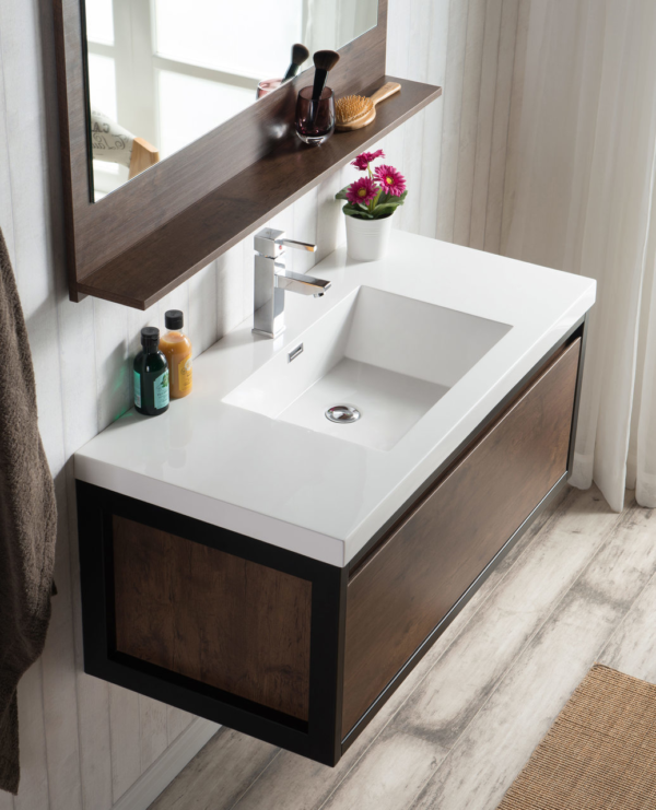 KEETCHEN SEATTLE 42" Rosewood Wall Hung Modern Bathroom Vanity with Matte Black Stainless Steel Frame - Image 2