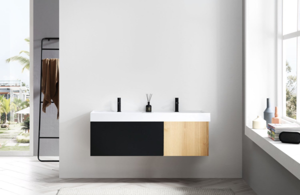 KARTON REPUBLIC LUGANO 55” MATTE BLACK GLASS/MAPLE WALL MOUNT MODERN BATHROOM VANITY - Image 7