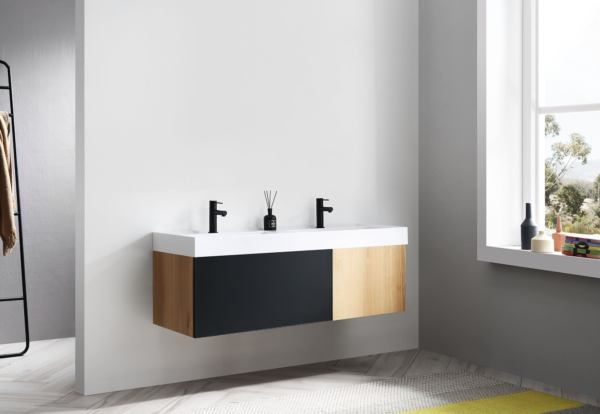 KARTON REPUBLIC LUGANO 55” MATTE BLACK GLASS/MAPLE WALL MOUNT MODERN BATHROOM VANITY - Image 6