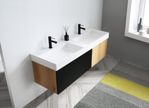 KARTON REPUBLIC LUGANO 55” MATTE BLACK GLASS/MAPLE WALL MOUNT MODERN BATHROOM VANITY - Image 5