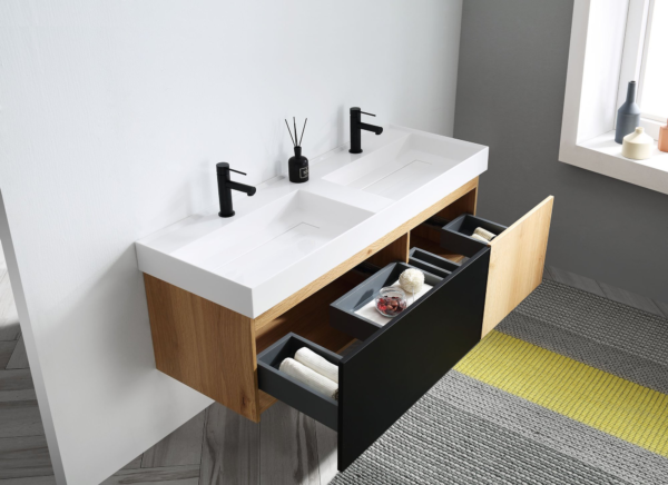 KARTON REPUBLIC LUGANO 55” MATTE BLACK GLASS/MAPLE WALL MOUNT MODERN BATHROOM VANITY - Image 4