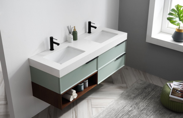 KARTON REPUBLIC MARFA 60” ALOE GREEN/WALNUT WALL MOUNT MODERN BATHROOM VANITY - Image 4