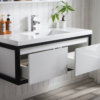 KEETCHEN SEATTLE 48" Glossy White Wall Hung Modern Bathroom Vanity with Matte Black Stainless Steel Frame - Image 2