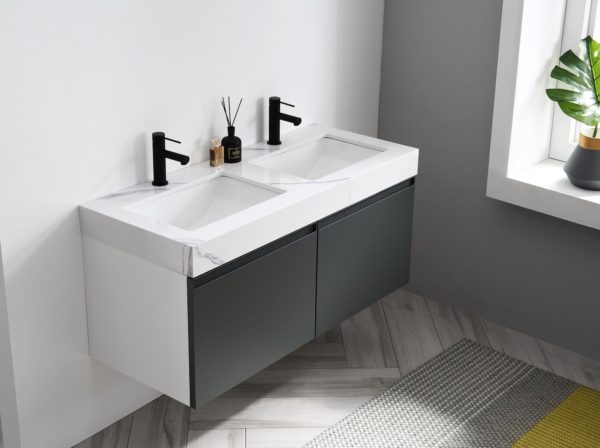 KARTON REPUBLIC MANAROLA 48” DARK GRAY WITH THICK QUARTZ WALL MOUNT MODERN BATHROOM VANITY - Image 3