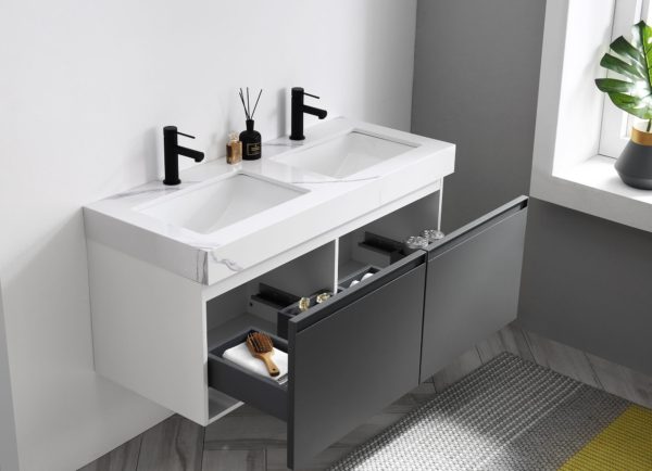 KARTON REPUBLIC MANAROLA 48” DARK GRAY WITH THICK QUARTZ WALL MOUNT MODERN BATHROOM VANITY - Image 4