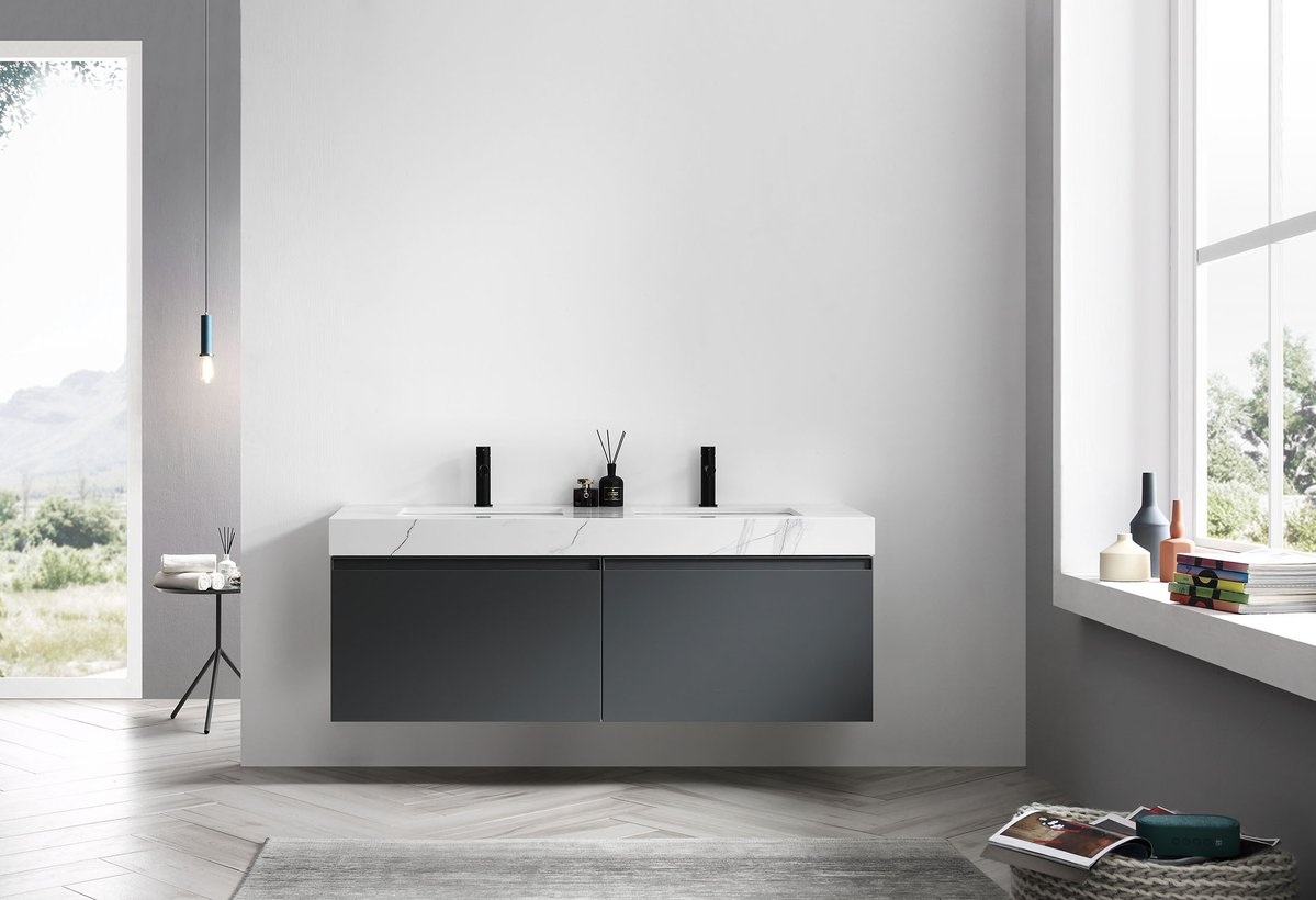 Karton Republic Manarola 42 Light Gray Wall Mount Modern Bathroom Vanity W/Sink (Open Shelves) VAMANLG42WM