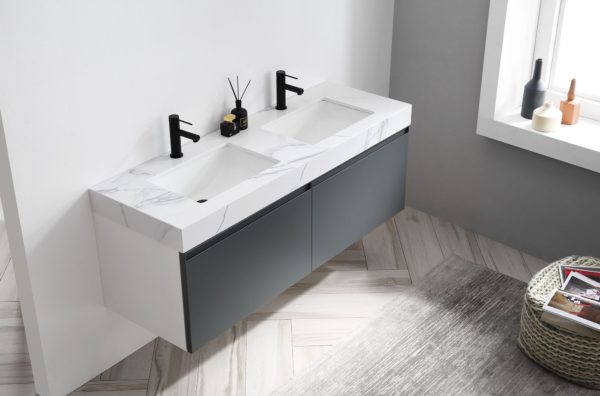 KARTON REPUBLIC MANAROLA 60” DARK GRAY WITH THICK QUARTZ WALL MOUNT MODERN BATHROOM VANITY - Image 3