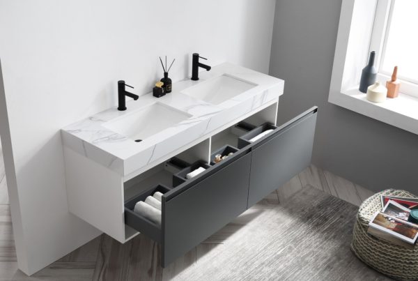 KARTON REPUBLIC MANAROLA 60” DARK GRAY WITH THICK QUARTZ WALL MOUNT MODERN BATHROOM VANITY - Image 4