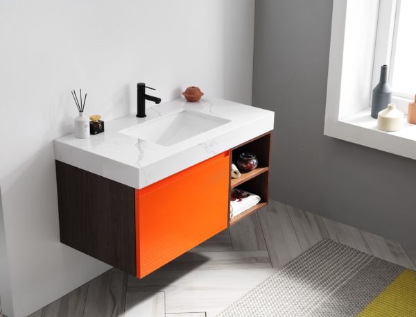 KARTON REPUBLIC MANAROLA 42” RED AMBER WITH THICK QUARTZ WALL MOUNT MODERN BATHROOM VANITY (OPEN SHELVES) - Image 2