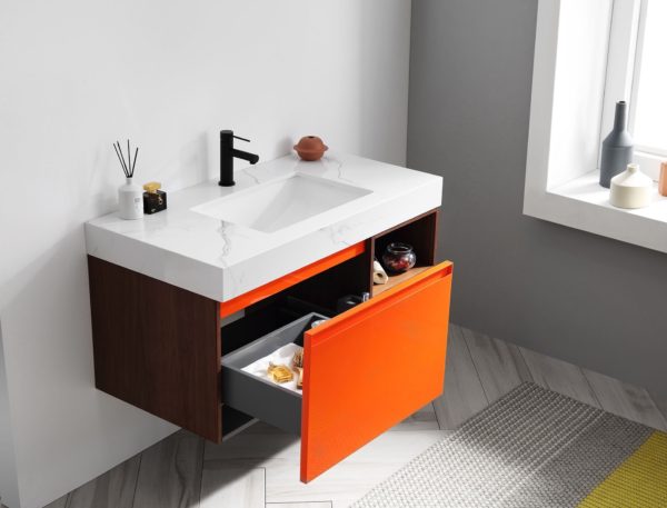 KARTON REPUBLIC MANAROLA 42” RED AMBER WITH THICK QUARTZ WALL MOUNT MODERN BATHROOM VANITY (OPEN SHELVES) - Image 3