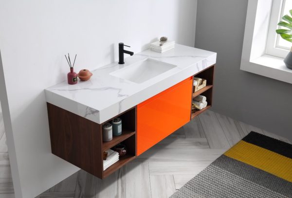 KARTON REPUBLIC MANAROLA 60” RED AMBER WITH THICK QUARTZ WALL MOUNT MODERN BATHROOM VANITY (OPEN SHELVES) - Image 3