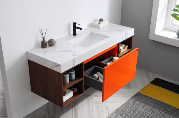 KARTON REPUBLIC MANAROLA 60” RED AMBER WITH THICK QUARTZ WALL MOUNT MODERN BATHROOM VANITY (OPEN SHELVES) - Image 4