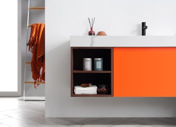 KARTON REPUBLIC MANAROLA 60” RED AMBER WITH THICK QUARTZ WALL MOUNT MODERN BATHROOM VANITY (OPEN SHELVES) - Image 8