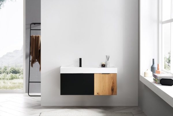 KARTON REPUBLIC LUGANO 42” MATTE BLACK GLASS/MAPLE WALL MOUNT MODERN BATHROOM VANITY - Image 2