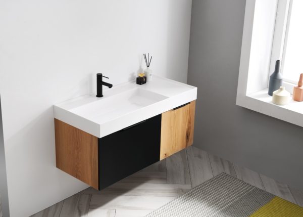 KARTON REPUBLIC LUGANO 42” MATTE BLACK GLASS/MAPLE WALL MOUNT MODERN BATHROOM VANITY - Image 3