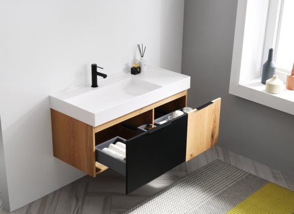 KARTON REPUBLIC LUGANO 42” MATTE BLACK GLASS/MAPLE WALL MOUNT MODERN BATHROOM VANITY - Image 4