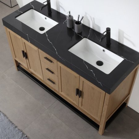 Karton Republic 60" Winchester Double Vanity in Pecan Oak with Black Countertop - Image 5