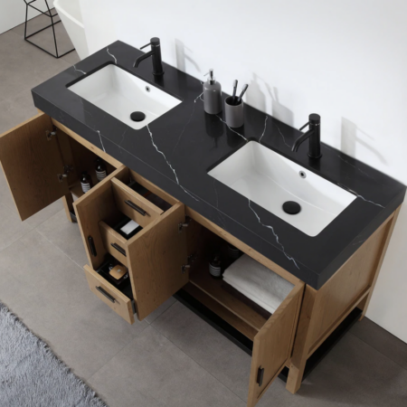 Karton Republic 60" Winchester Double Vanity in Pecan Oak with Black Countertop - Image 3