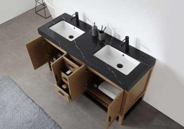 Karton Republic 60" Winchester Double Vanity in Pecan Oak with Black Countertop - Image 3