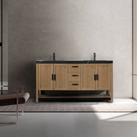 Karton Republic 60" Winchester Double Vanity in Pecan Oak with Black Countertop - Image 2