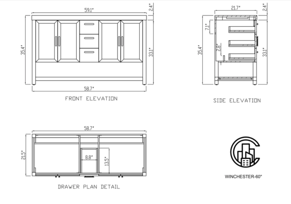 Karton Republic 60" Winchester Double Vanity in Pecan Oak with Black Countertop - Image 6