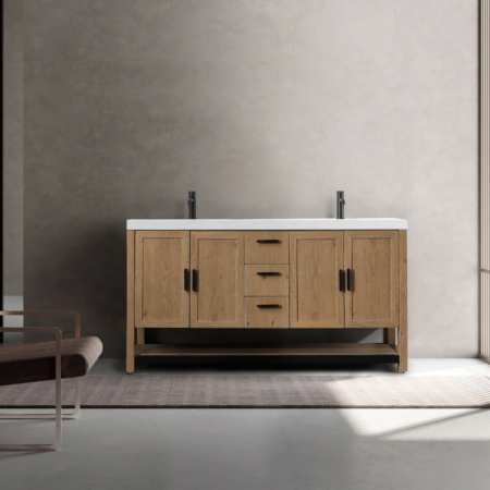 Karton Republic 60" Winchester Double Vanity in Pecan Oak with White Countertop - Image 3
