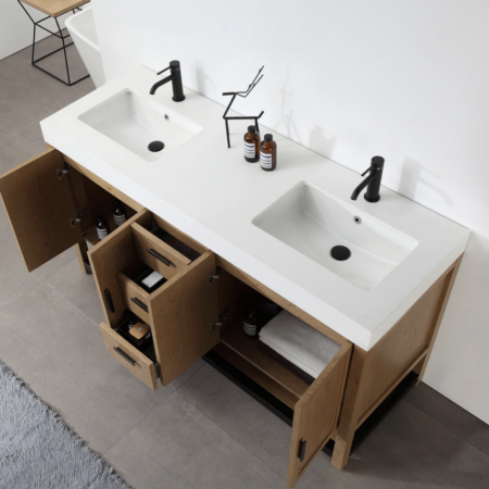 Karton Republic 60" Winchester Double Vanity in Pecan Oak with White Countertop - Image 4