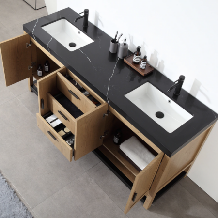 Karton Republic 72" Winchester Double Vanity in Pecan Oak with Black Countertop - Image 3