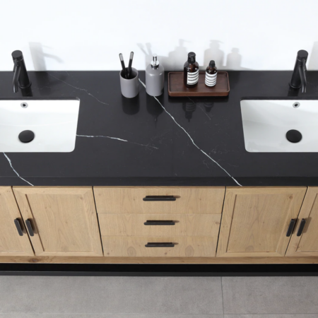 Karton Republic 72" Winchester Double Vanity in Pecan Oak with Black Countertop - Image 4
