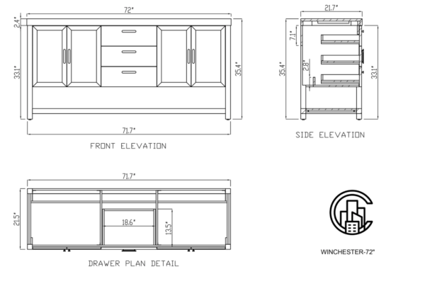 Karton Republic 72" Winchester Double Vanity in Pecan Oak with White Countertop - Image 8