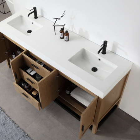 Karton Republic 72" Winchester Double Vanity in Pecan Oak with White Countertop - Image 4